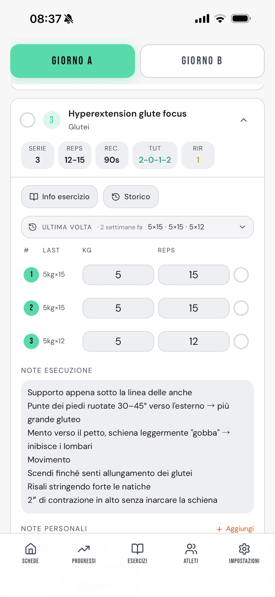 Schermata di registrazione delle serie durante l'allenamento
