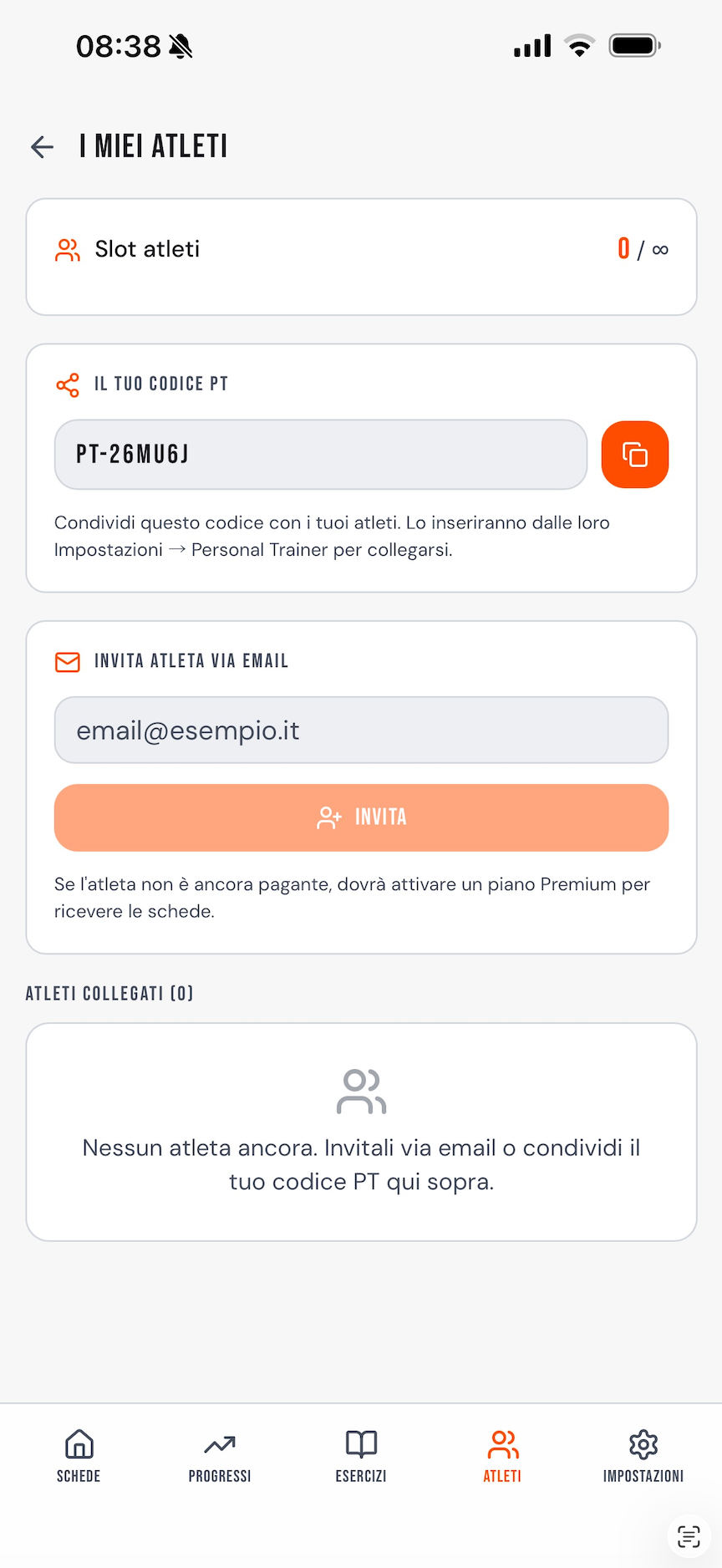 Schermata gestione atleti per personal trainer